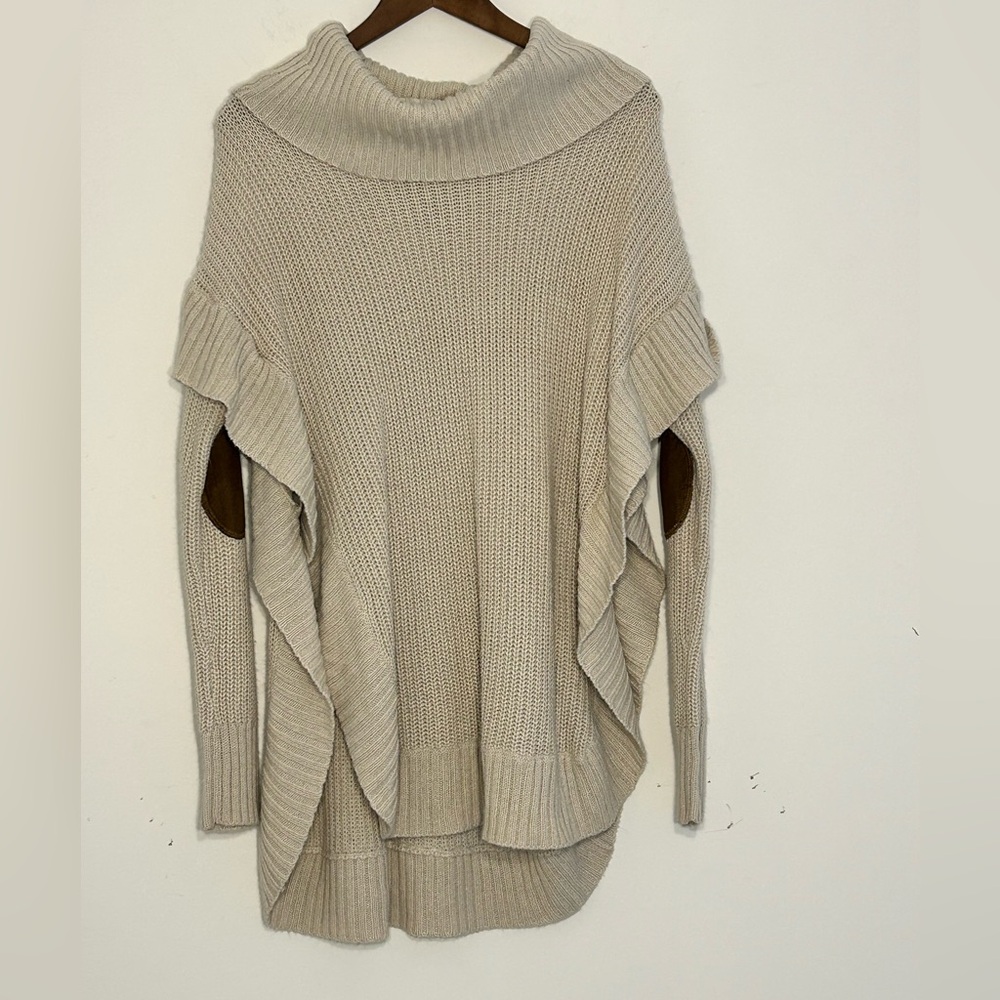 Alya M/L Beige Knit Sweater Poncho Cowl Neck Elbow Patch M/L
